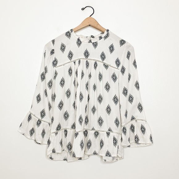 Lucky Brand Ivory Boho Print High Neck Long Sleeve Blouse Small S - Picture 2 of 9